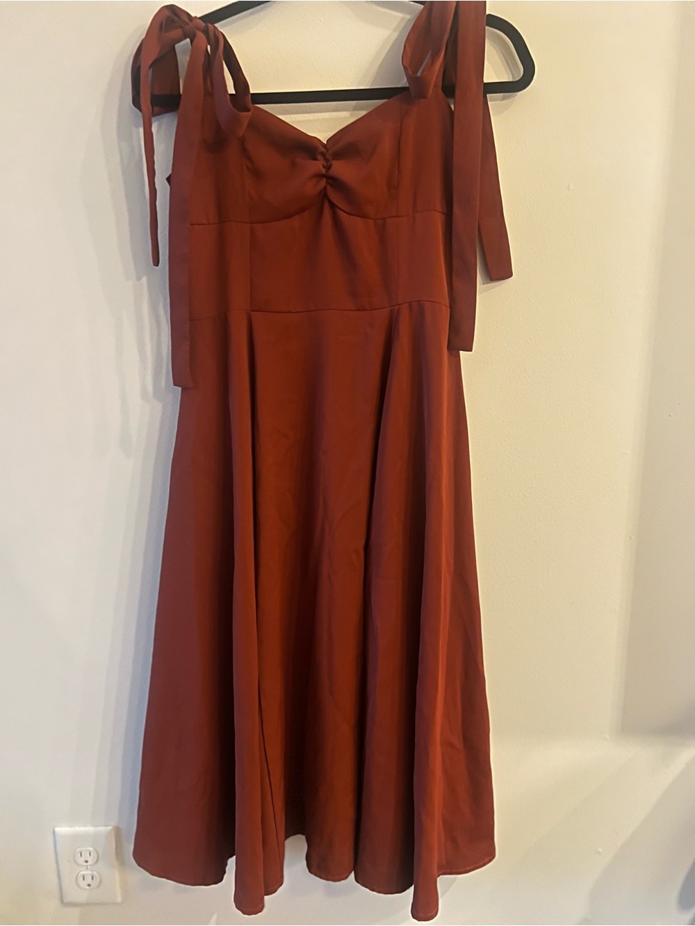 Rust Midi Tie-Shoulder Dress with Sweetheart Bodice
